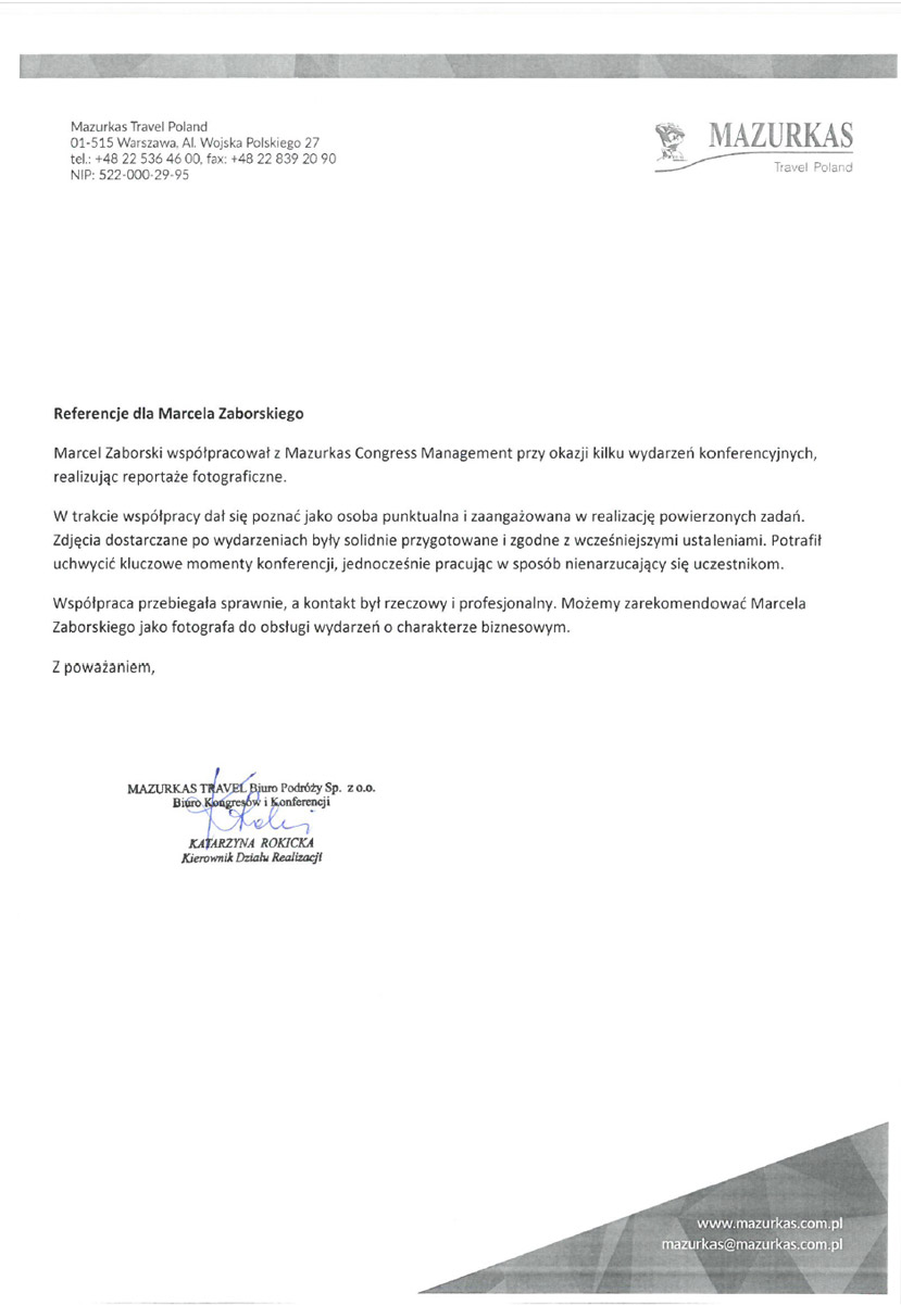 Referencja dla fotografia Marcela Zaborskiego od Mazurkas Conferencje